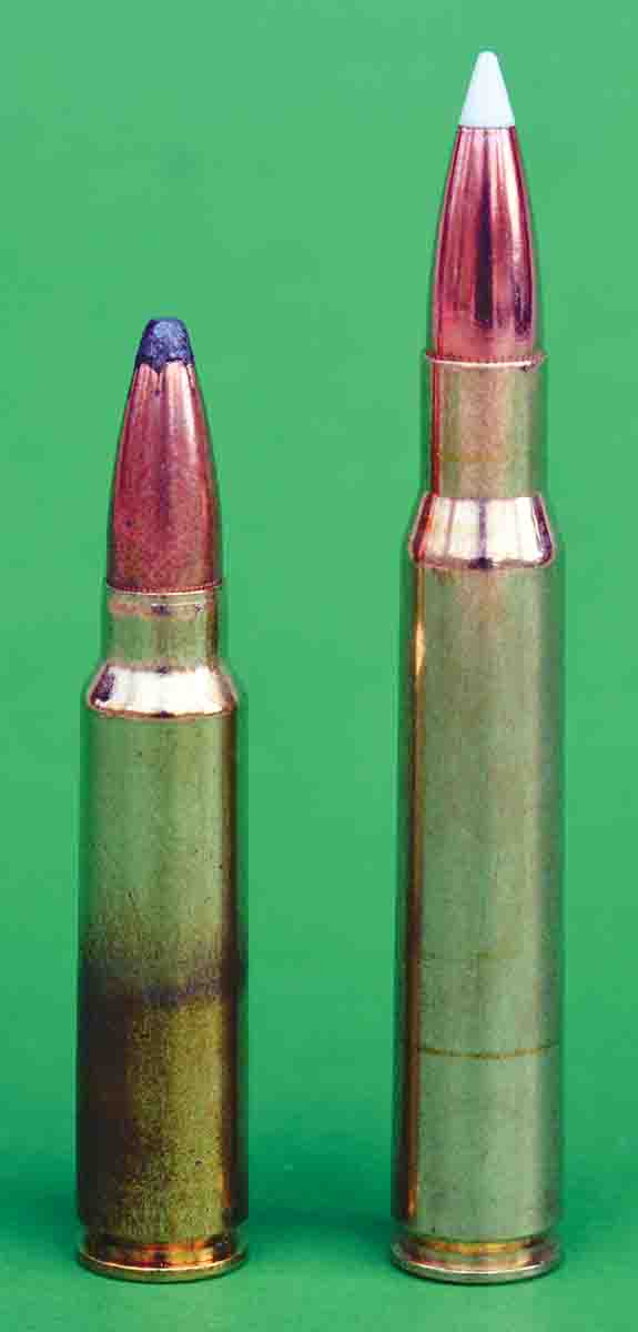 The .300 Savage (left) was originally designed to duplicate the velocities of 1920s-era .30-06 (right) military loads utilizing 150-grain bullets.